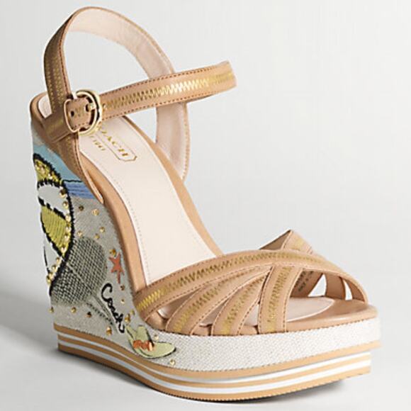 Coach Caroline Tan Leather Wedge Sandals size 9 Beach Umbrella Studded Beads - Picture 1 of 11